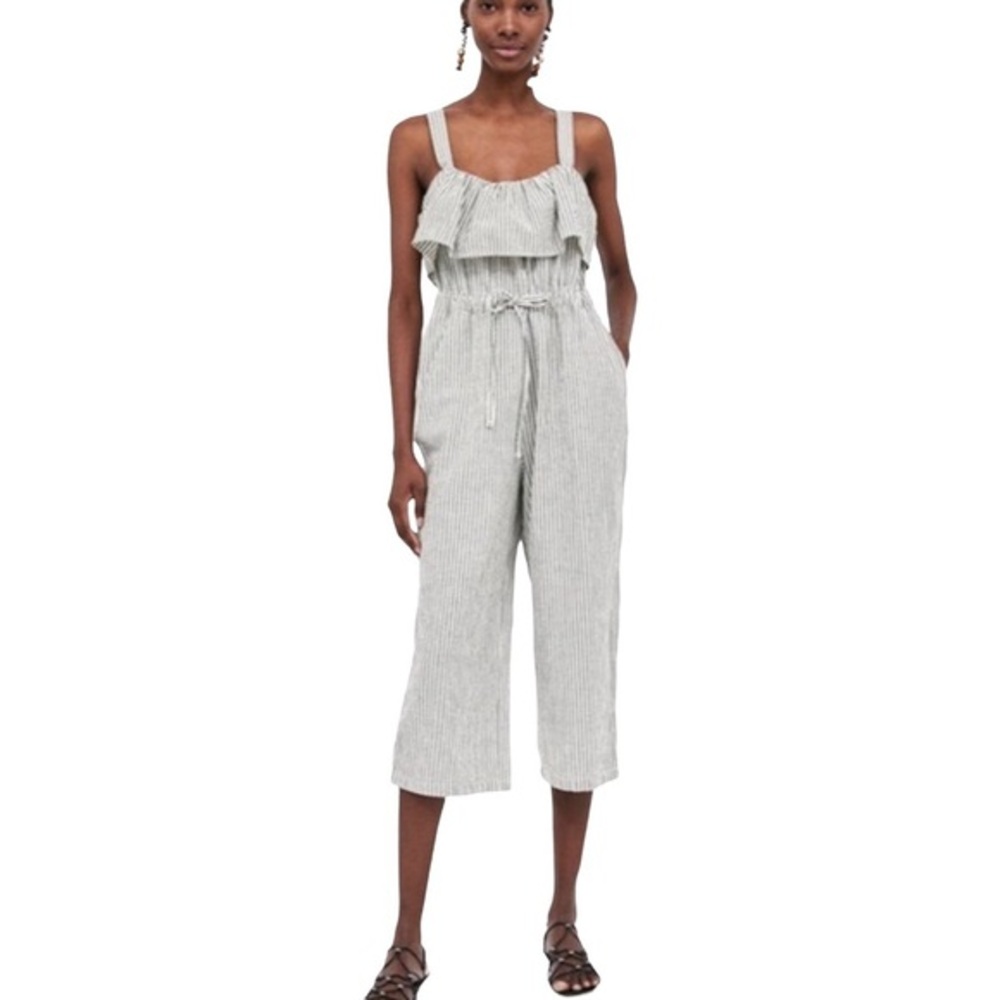 Zara Basic 100%‎ Cotton Striped Blue White Cropped Ruffled Jumpsuit Medium